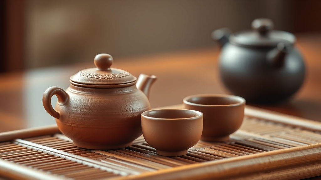 Petite théière en argile de Yixing et tasses sans anse sur plateau de dégustation en bambou