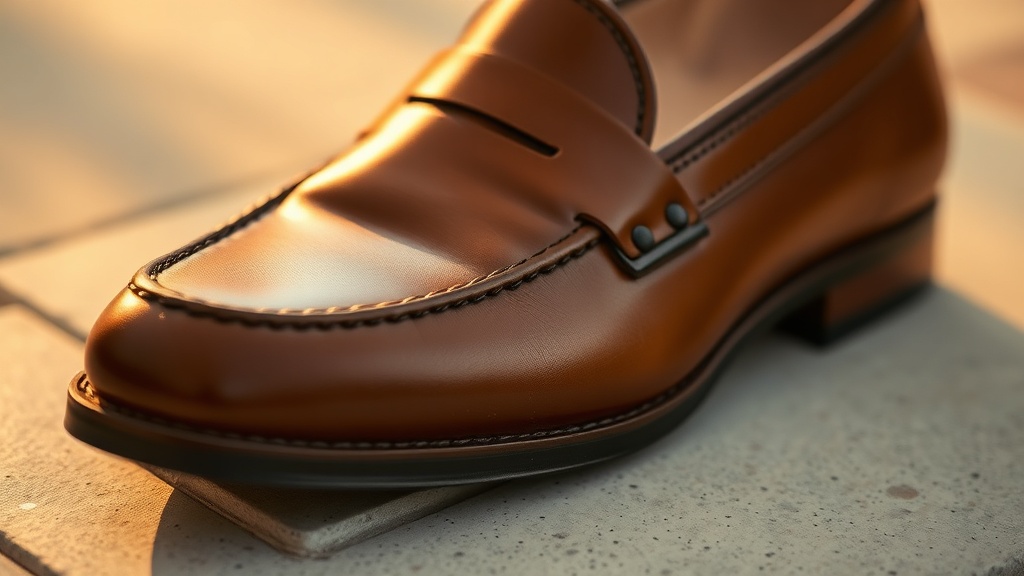 Close-up of the saddle strap and penny slot on a tan calfskin penny loafer