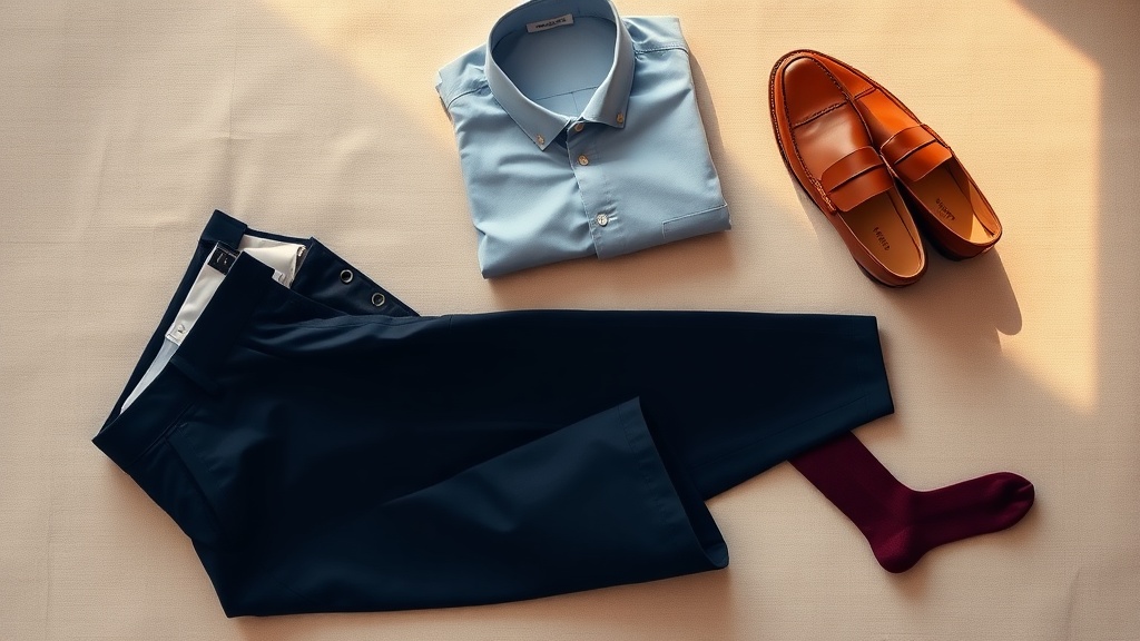 Flat lay of a men's penny loafer outfit: navy chinos, tan loafers, blue oxford shirt and burgundy socks