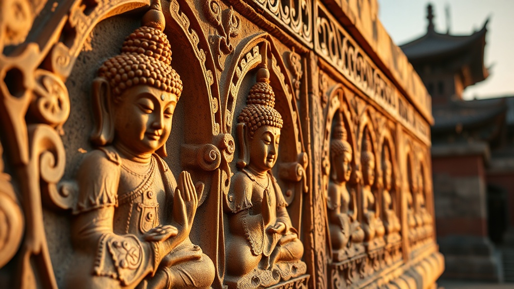 Sculptures bouddhistes en grès sur les parois de la pagode de diamant du temple Miaozhan, représentant les Cinq Bouddhas de contemplation