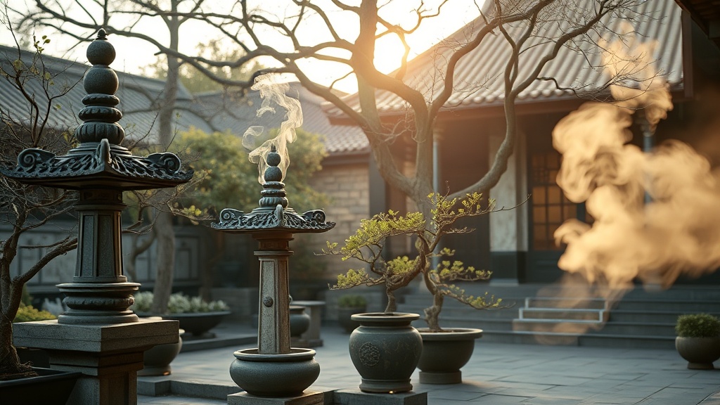 Cour intérieure paisible du temple Miaozhan à Kunming, avec encens et végétation traditionnelle