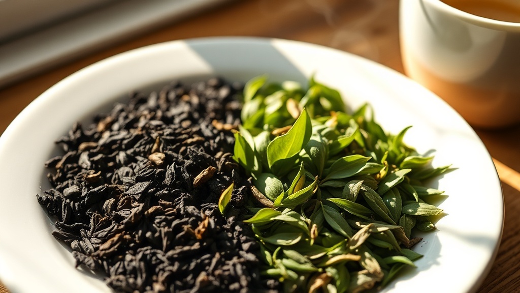Feuilles de thé noir et thé vert en gros plan avec une tasse fumante pour illustrer la théine