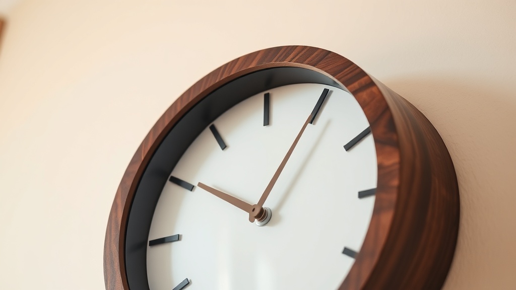 Wood and metal wall clock with bronze hands and walnut frame on a neutral office wall