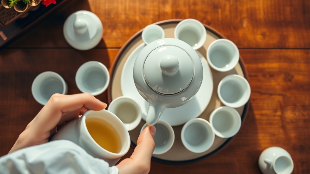 Service à thé chinois en porcelaine céladon disposé sur table en bois lors d'une dégustation