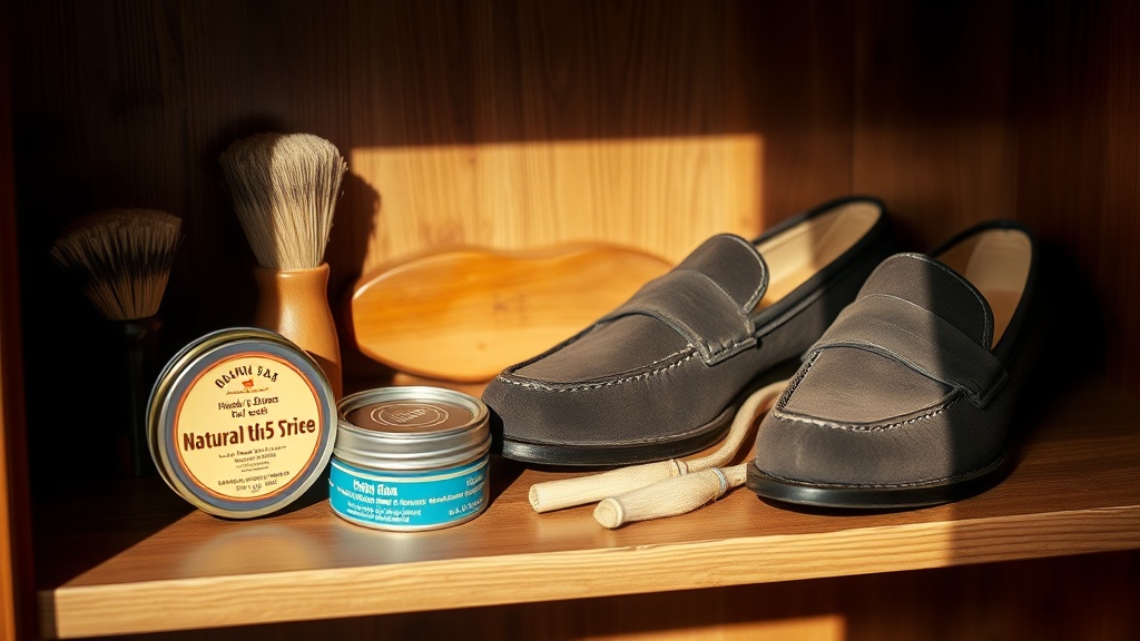 Chocolate suede penny loafers with cedar shoe trees, brush and polish on a wooden shelf