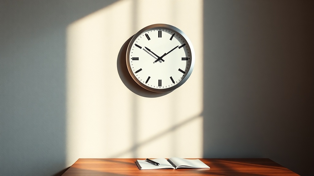 Minimalist metal wall clock mounted above a wooden office desk with warm side lighting