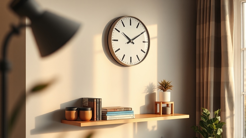 Analog wall clock above a wooden shelf in a Scandinavian-style home office with warm afternoon light