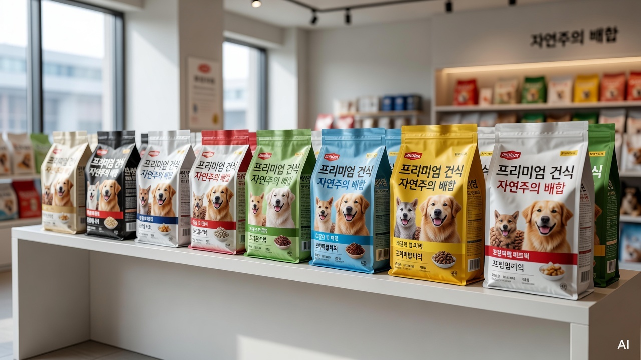 various dry dog food bags arranged on a clean white shelf in a pet store