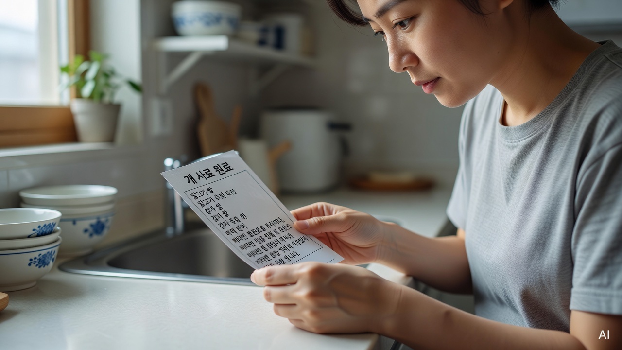 dog food ingredient label being examined closely on a kitchen counter