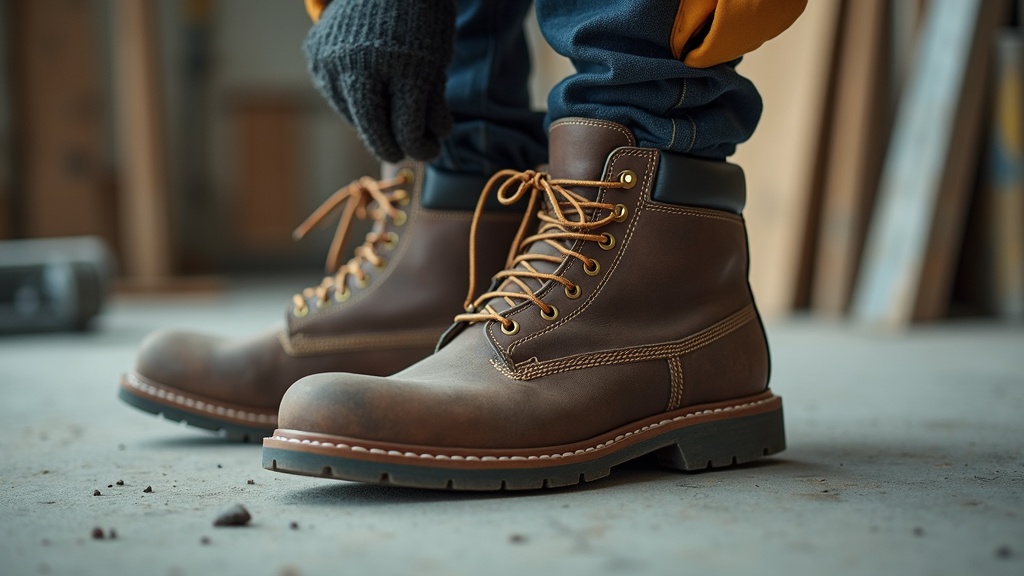 Compression wool sock being put on before a 12-hour shift in a steel-toe work boot