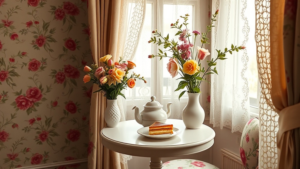 Intérieur romantique d'un salon de thé parisien fleuri avec théière vintage et tarte maison