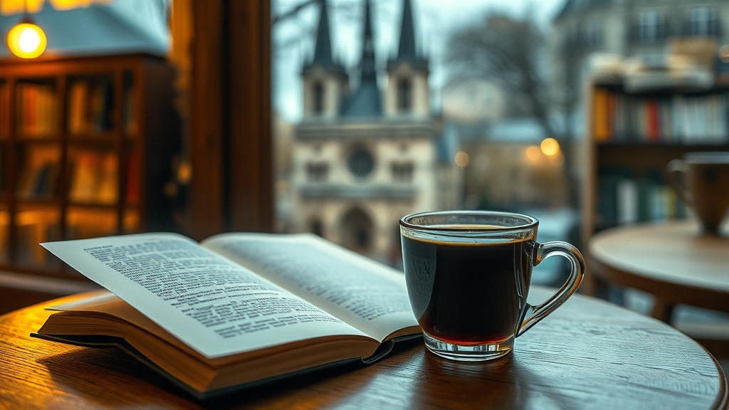 Tasse de thé fumante posée sur un livre ouvert dans un café littéraire parisien sous la pluie