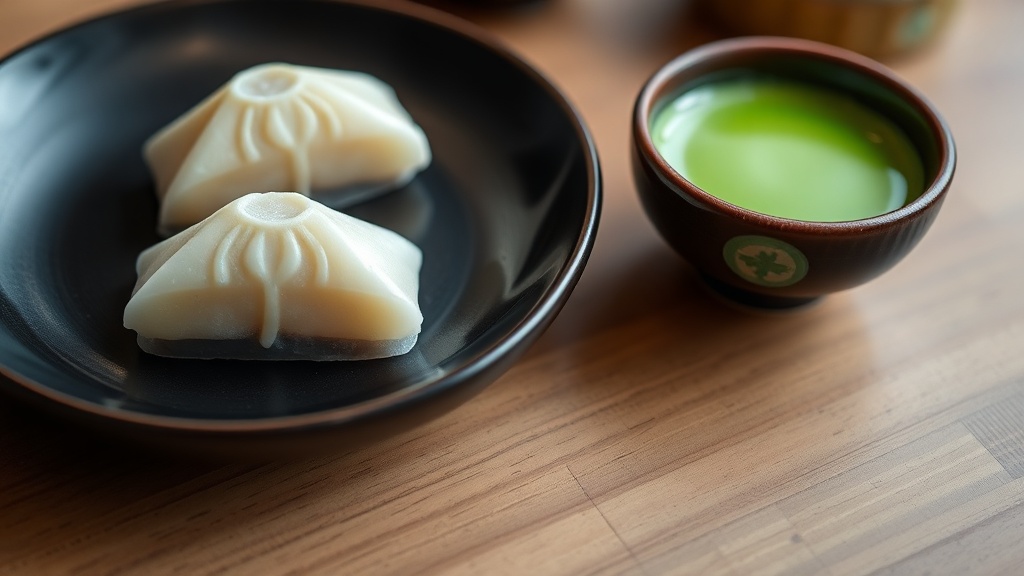 Wagashi japonais et bol de matcha vert sur table en bois dans un salon zen parisien