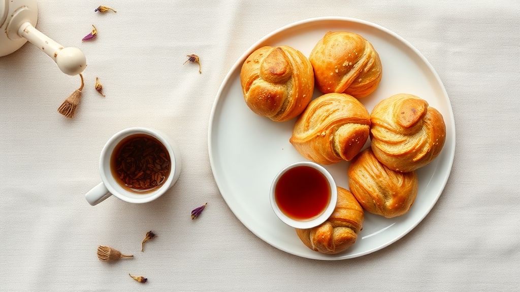 Pâtisseries artisanales sans gluten sur assiette blanche avec une infusion de plantes, vue de dessus