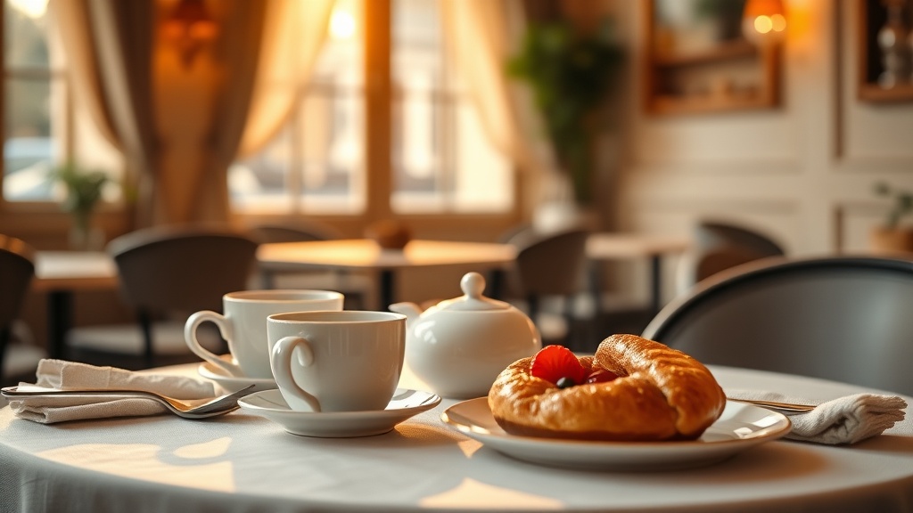 Table de brunch dressée dans un salon de thé nantais avec tasses en céramique et pâtisseries du matin
