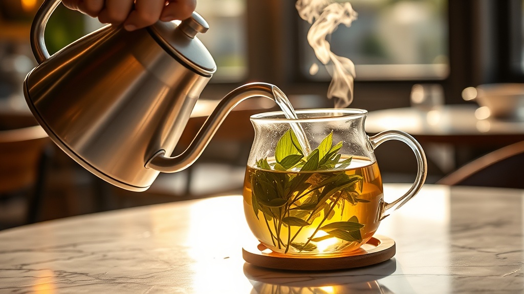 Main versant de l'eau chaude dans une théière en verre avec des feuilles de thé vert qui s'ouvrent