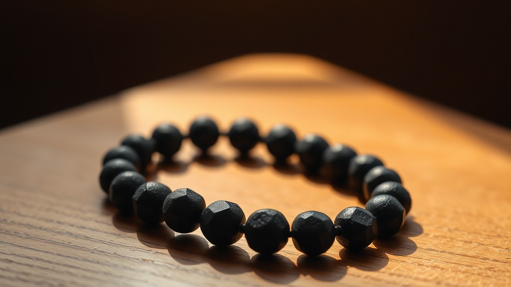 Bracelet en perles de pierre de lave noire posé sur bois clair, texture poreuse visible
