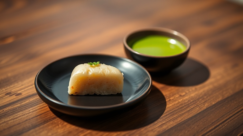 Wagashi japonais et bol de matcha vert sur plateau laqué dans un salon zen parisien