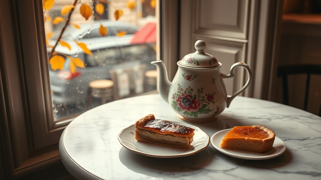 Théière fleurie et tarte maison sur table de marbre dans un salon de thé romantique parisien