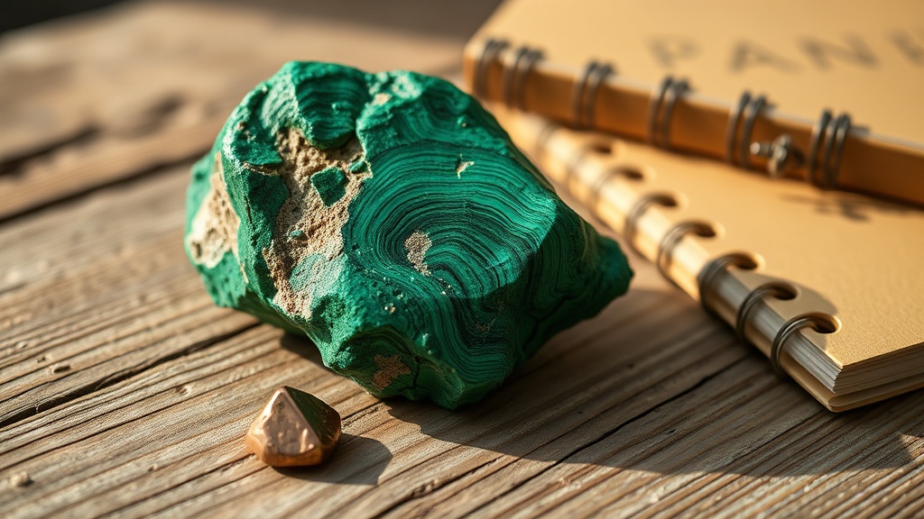 Spécimen brut de malachite aux bandes vertes caractéristiques, posé sur bois naturel