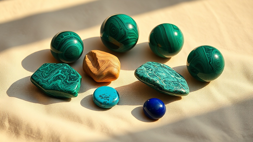 Malachite polie et turquoise disposées ensemble pour illustrer les synergies entre pierres naturelles