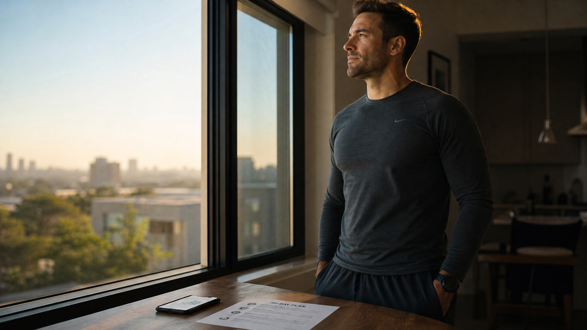 A man standing calmly in morning light with a single clear plan, the feeling of an informed decision finally made