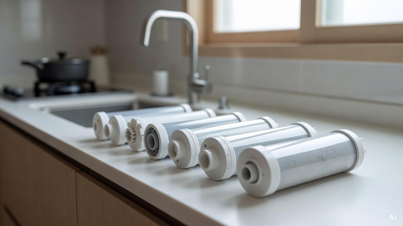 close-up of water purifier filters laid out on a white kitchen counter