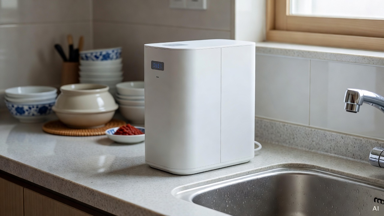 white water purifier placed on a kitchen countertop near a sink