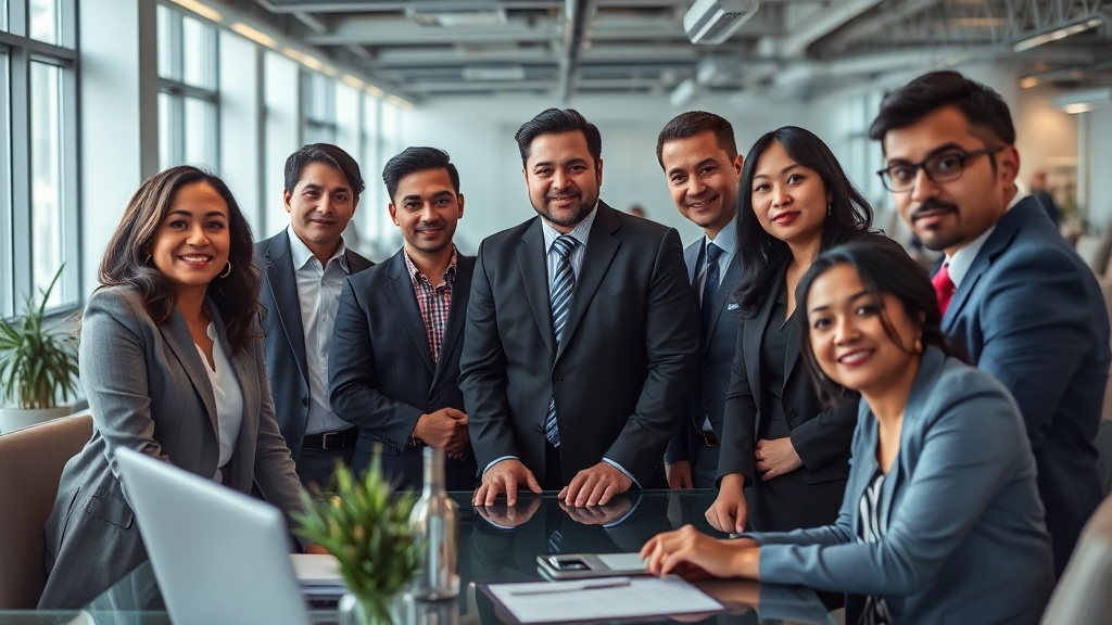 A diverse group of professionals in a bustling Ontario city office, highlighting the multicultural workforce. The scene should capture a meeting, showcasing collaboration in a modern business setting.