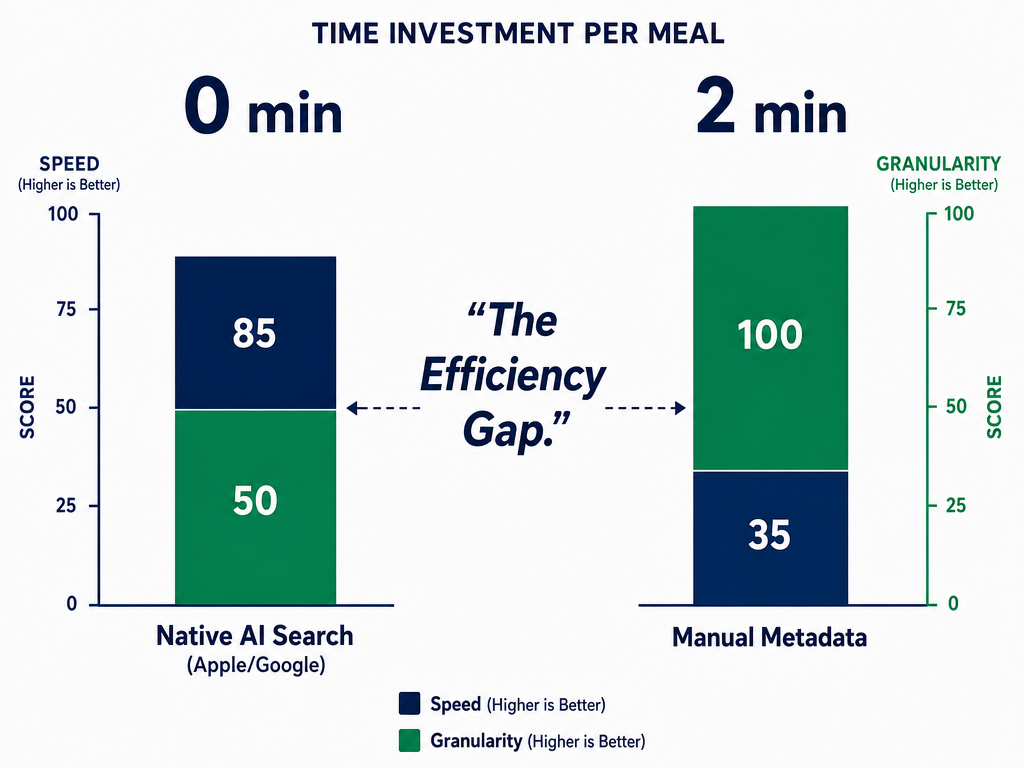 Comparison chart showing the trade-offs between Native AI Search speed and Manual Metadata precision for organizing food photography.