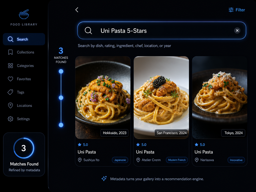 Mobile UI mockup demonstrating a search for 'Uni Pasta 5-Stars' which successfully filters and retrieves specific food memories.