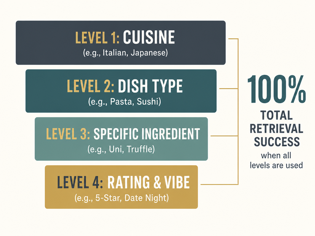 A four-tier food photo taxonomy diagram showing organization levels: Cuisine, Dish Type, Ingredient, and Rating for digital photo management.