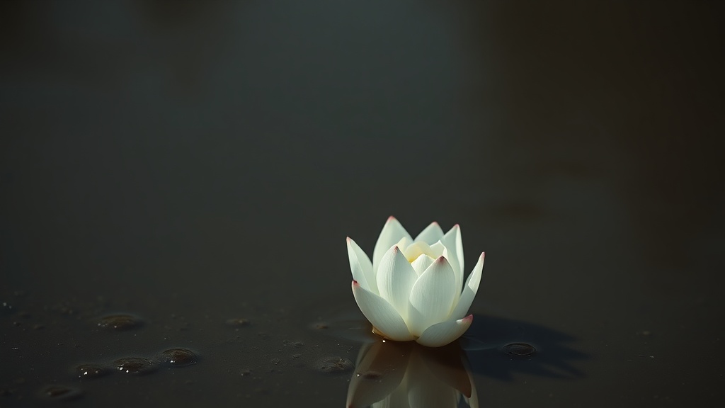 Fleur de lotus blanche émergeant de l'eau sombre, symbole central du mantra Om Mani Padme Hum