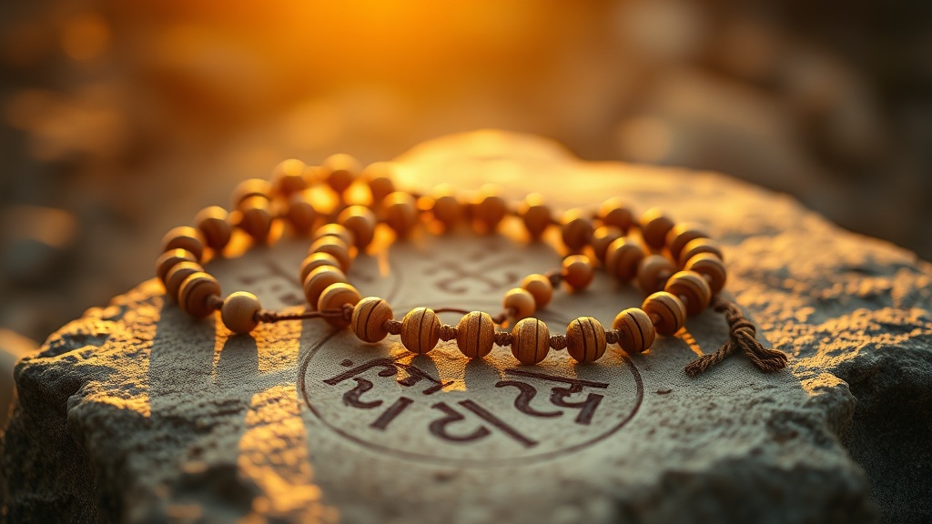 Mala en bois posé sur une pierre gravée de caractères sanskrit, utilisé pour réciter Om Mani Padme Hum