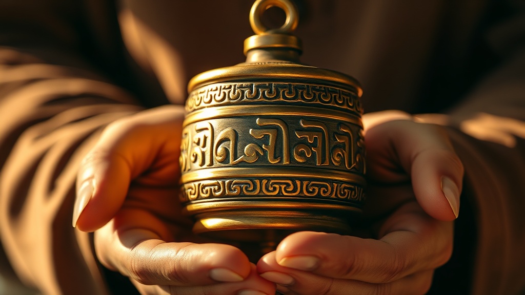 Moulin à prières tibétain tenu dans les mains, utilisé pour la méditation avec le mantra Om Mani Padme Hum