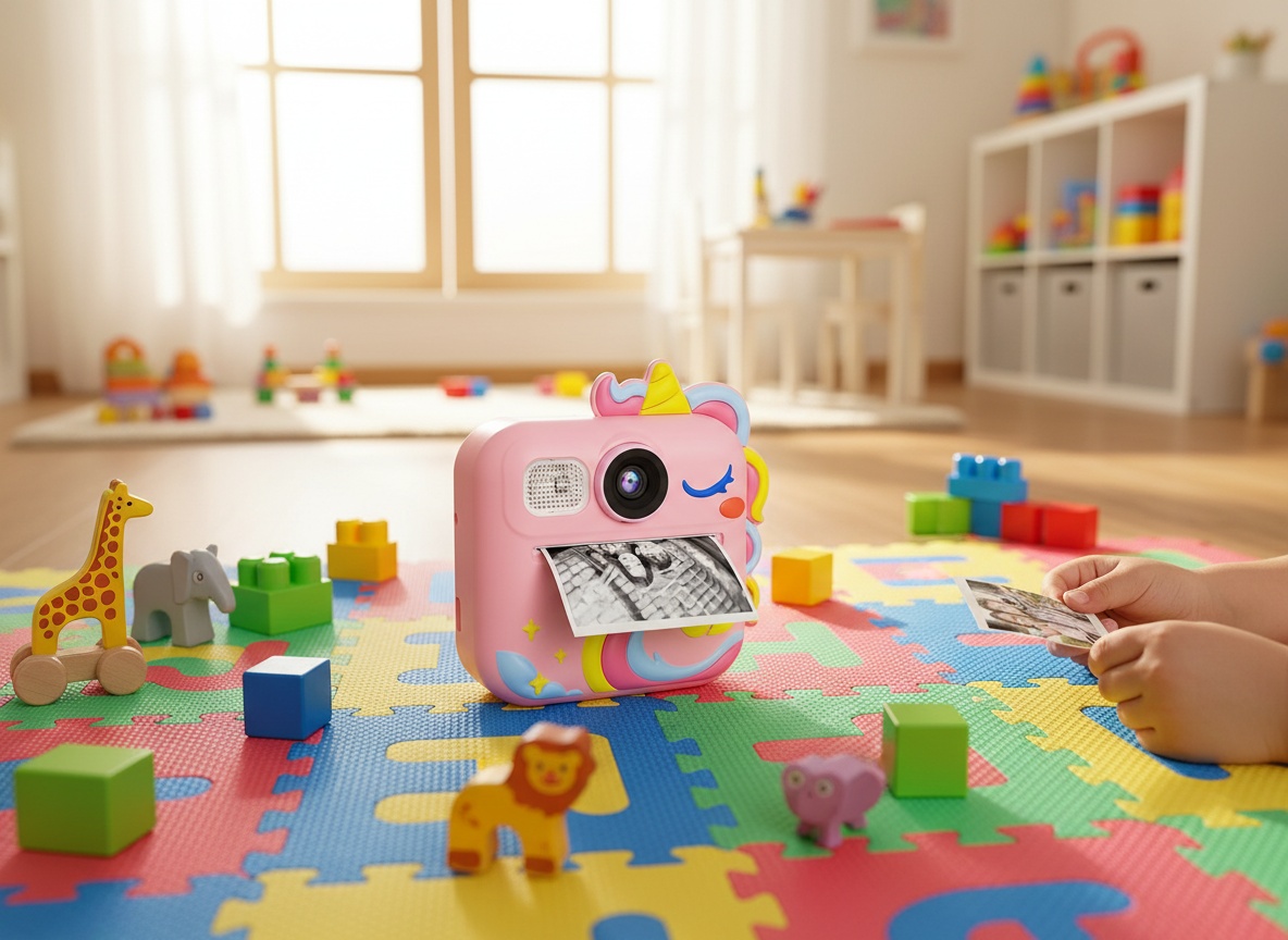 KOKODI instant print camera on a playmat surrounded by toys and colorful blocks in a sunlit playroom, with printed photos nearby