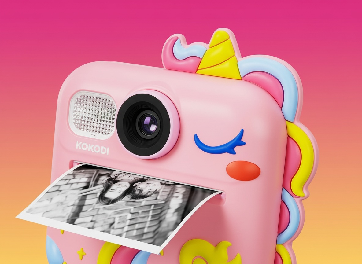 Pink KOKODI kids camera in extreme close-up showing lens, flash, and control buttons with shallow depth of field