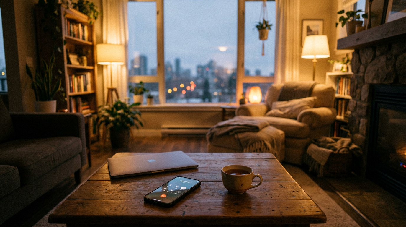 Rustige woonkamer in de avond met een smartphone die oplicht, symbool voor 24/7 bereikbaar zijn zonder zelf op te nemen