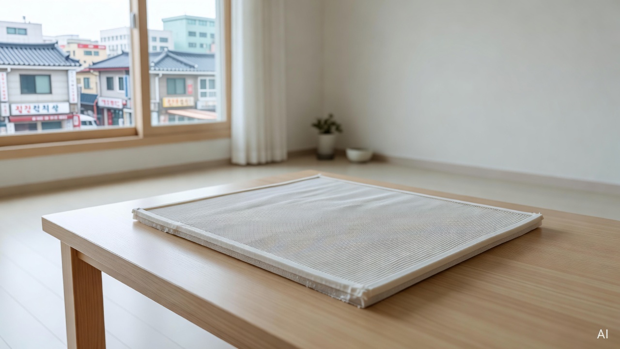 air conditioner filter drying on a clean surface near a window in a bright room