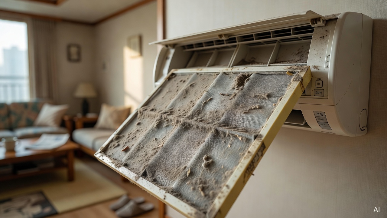 close-up of a dusty air conditioner filter removed from a wall-mounted unit in a living room