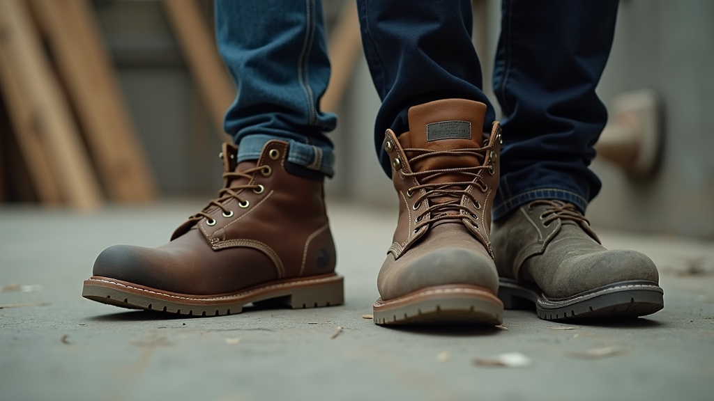 Zapatos de seguridad originales vs falsificados en un sitio de construcción