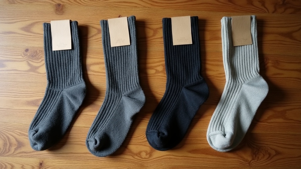 Multiple wool work sock pairs compared by quality and price on a wooden surface