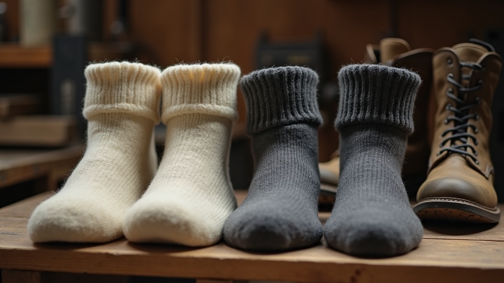 Alpaca wool work socks vs merino durability comparison on a jobsite workbench