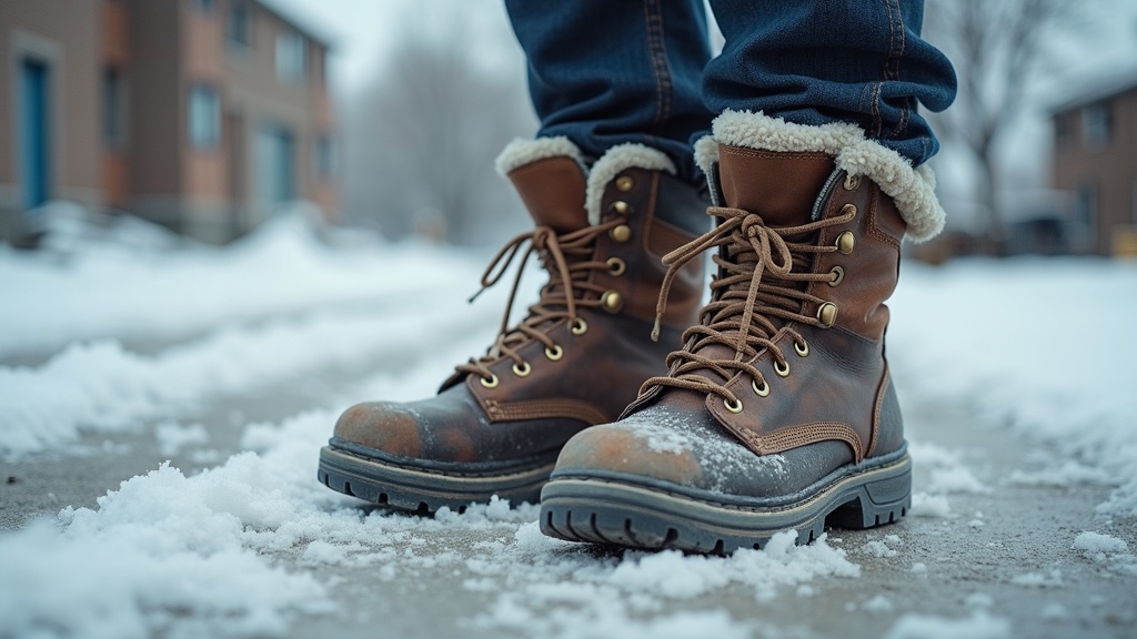 Worker's wool-socked feet on a frozen winter jobsite concrete slab