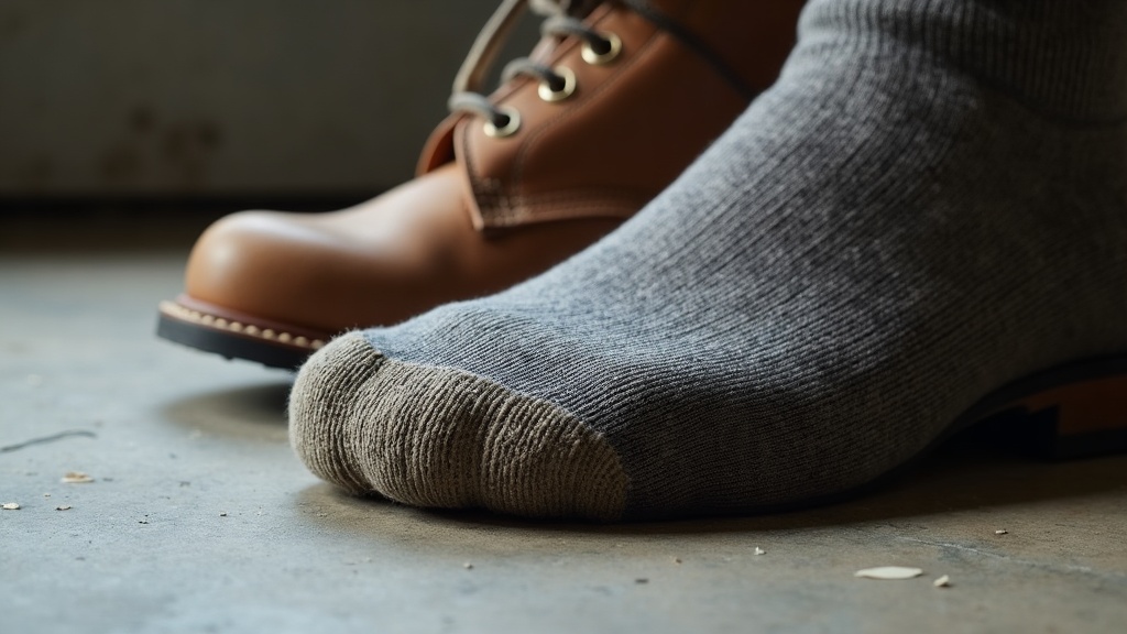 Worn merino wool work sock heel showing durability wear patterns