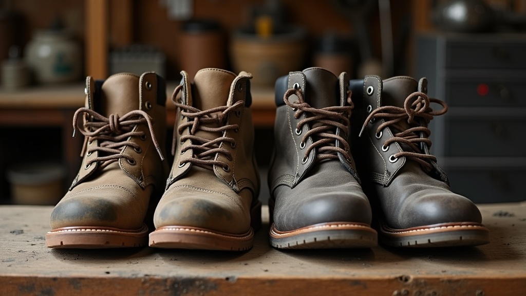 Comparativa de bota de trabajo vieja desgastada vs bota nueva de cuero sobre banco de taller