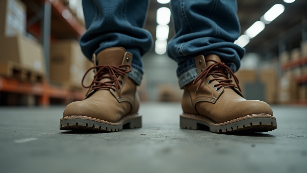 Pies de trabajador en botas de seguridad sobre piso de concreto en almacén