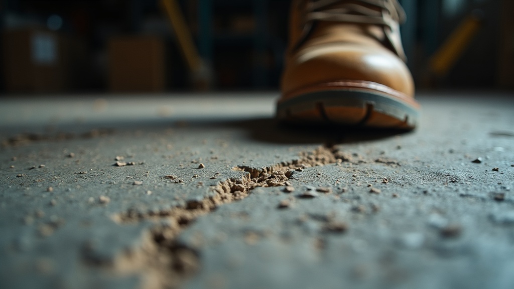 Hard concrete floor surface showing impact stress on work boots