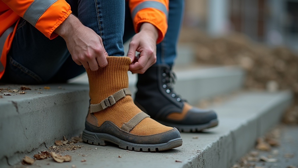 Construction worker putting on thick wool work socks during a break on a jobsite