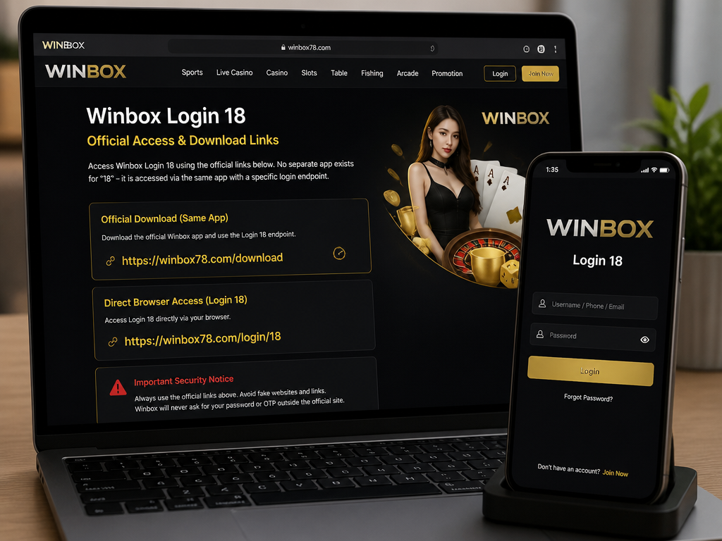 Photo-realistic image illustrating the topic of the article section "Download and Access Links for Winbox Login 18" (about the online casino brand "winbox login 18"): Provide the official download link for the Winbox Login 18 portal (if available) and direct browser access URL. Explain that no separate app exists for '18' – it is accessed via the same app but with a specific login endpoint. Warn against fake links.